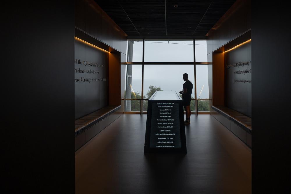 Person looking at a display in a darkened room with a large window looking out onto trees.