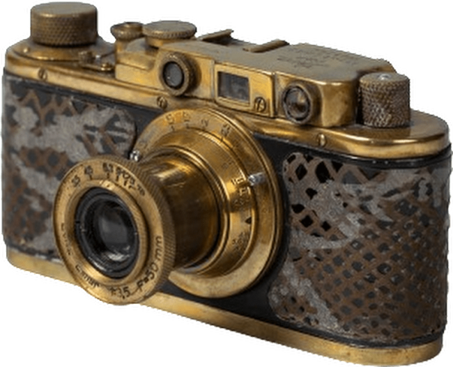 A gold plated camera with crocodile skin